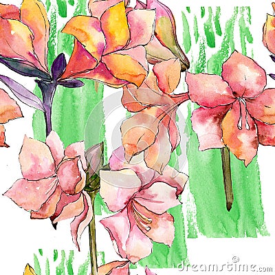 Watercolor orange amaryllis flower. Seamless background pattern. Stock Photo