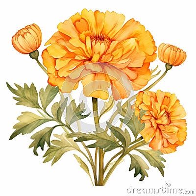 Watercolor Orange Carnations: Ming Dynasty Style Clipart Cartoon Illustration