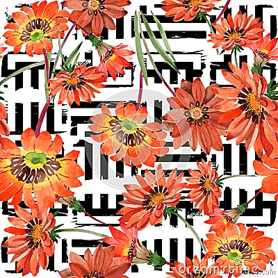 Watercolor orange gazania flowers. Floral botanical flower. Seamless background pattern. Stock Photo