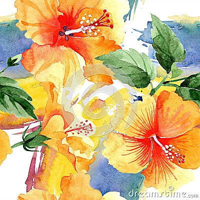 Watercolor orange naranja hibiscus flowers. Floral botanical flower. Seamless background pattern. Stock Photo