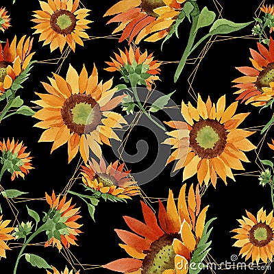 Watercolor orange sunflower flower. Floral botanical flower. Seamless background pattern. Stock Photo