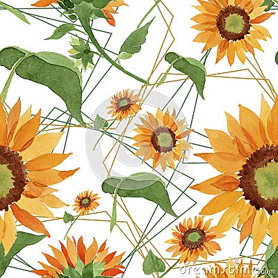 Watercolor orange sunflower flower. Floral botanical flower. Seamless background pattern. Stock Photo