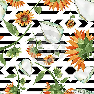 Watercolor orange sunflower flower. Floral botanical flower. Seamless background pattern. Stock Photo