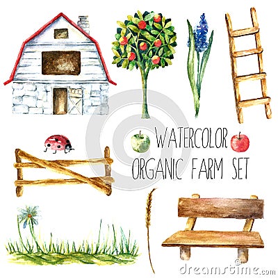 Watercolor organic farm. Vector Illustration