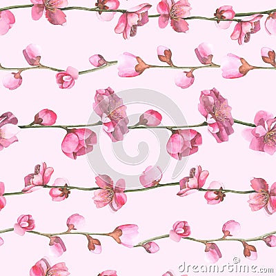 Watercolor oriental pattern with sakura branch. Stock Photo