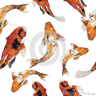 Watercolor oriental rainbow carp seamless pattern. Koi fishes ornament on white background. Underwater illustration for d Cartoon Illustration