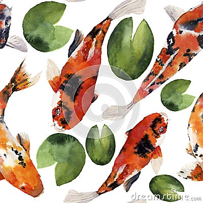 Watercolor oriental rainbow carp with water lily seamless pattern Cartoon Illustration