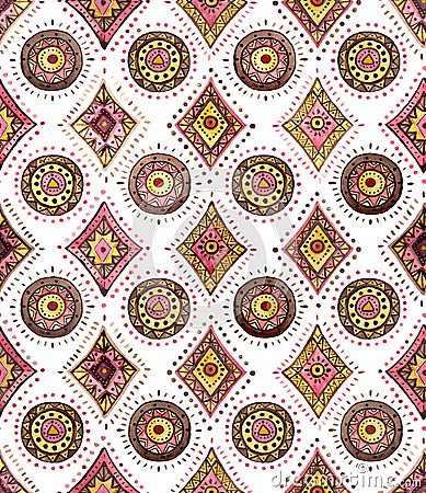 Watercolor Oriental Repeat Pattern with Geometric Elements Stock Photo