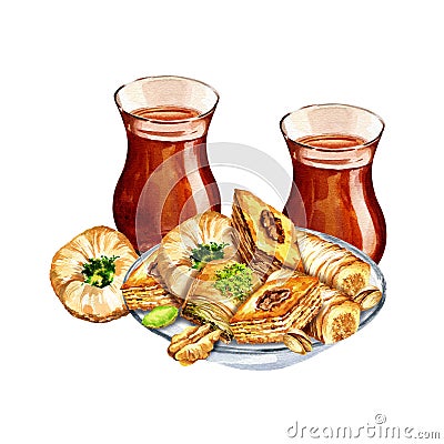 watercolor oriental sweets in the plate with glass cups of tea, illustration of traditional Turkish sweets, baklava with Cartoon Illustration