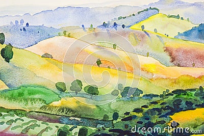 Watercolor original Landscape painting colorful of mountain and emotion Stock Photo