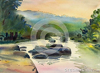 Watercolor original landscape painting colorful of mountain river stone Stock Photo