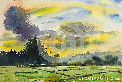 Watercolor original landscape painting colorful of sunset Stock Photo