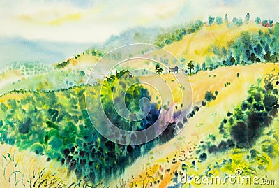 Watercolor original landscape painting yellow color of mountain Stock Photo