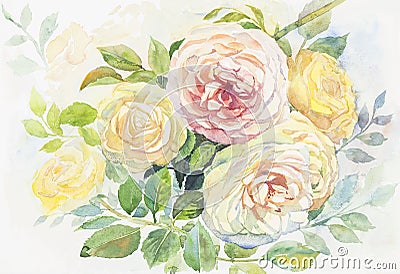 Watercolor original painting realistic of roses flowers Stock Photo