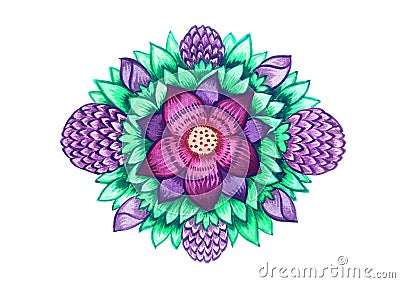 Watercolor ornamental purple flowers Stock Photo