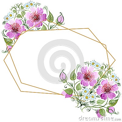 Watercolor ornamet of pink flower. Floral botanical flower. Frame border ornament square. Stock Photo
