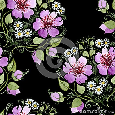 Watercolor ornamet of pink flower. Floral botanical flower. Seamless background pattern. Stock Photo