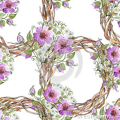 Watercolor ornamet of pink flower. Floral botanical flower. Seamless background pattern. Stock Photo