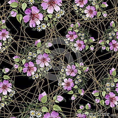 Watercolor ornamet of pink flower. Floral botanical flower. Seamless background pattern. Stock Photo
