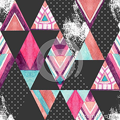 Watercolor ornate rhombuses seamless pattern. Cartoon Illustration