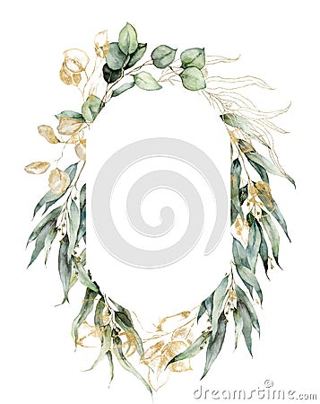 Watercolor oval frame of gold eucalyptus branches, seeds and linear leaves. Hand painted card of plants isolated on Cartoon Illustration