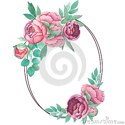 Watercolor oval frame peony flowers, leaves branches of eucalypt isolated on white background. Hand drawn. Arrangement Stock Photo