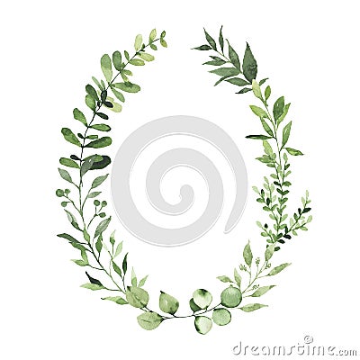 Watercolor oval wreath with greenery leaves branch twig plant herb flora isolated Cartoon Illustration