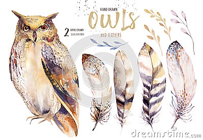 Watercolor owl with flowers and feather. Hand drawn isolated owls illustration with bird in boho style. Nursery Cartoon Illustration