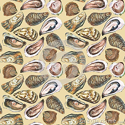 Watercolor oysters seamless pattern on light brown bac Stock Photo