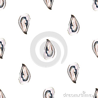 Watercolor oysters seamless pattern on white background Stock Photo