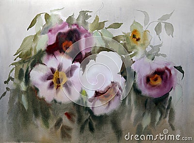 Watercolor paining of the beautiful pionies flowers. Stock Photo