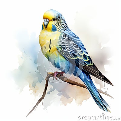 Watercolor paint beautiful budgie budgerigar parrot bird sits on a branch. Hand Drawn Summer Tropical Illustration Stock Photo