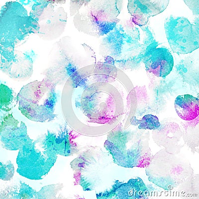 Watercolor paint circles and spots of paint flow. Delicate pink, turquoise and pastel blue background with artistic Stock Photo