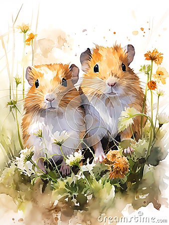 Watercolor Paint of a couple guinea pigs in grass scene Stock Photo