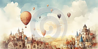 watercolor paint of fabulous houses and castles with big hot air balloons Stock Photo