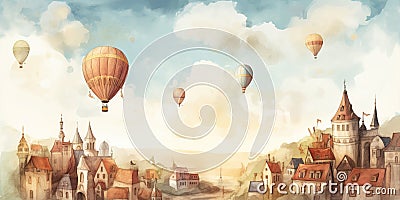 watercolor paint of fabulous houses, streets and castles with big hot air balloons Stock Photo