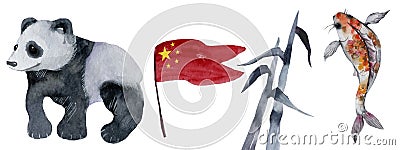 Watercolor paint Isolated on white background. Chinese panda, carp, flag and bamboo Image is created manually Stock Photo