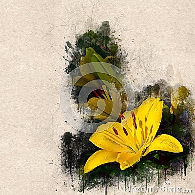 Watercolor painted beautiful stylized yellow lilium Vector Illustration