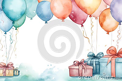 Watercolor painted birthday banner consisting of gifts Celebratory decorations and balloons, soft pastel shades against Stock Photo