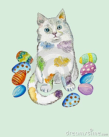 Watercolor painted cat withcolorful eggs Stock Photo