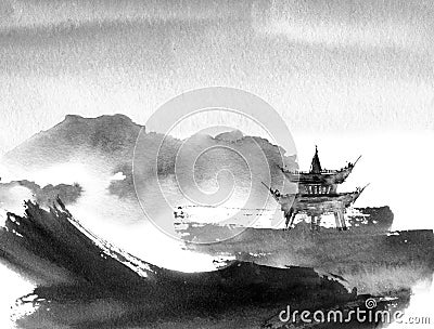 Watercolor painted chinese landscape Cartoon Illustration