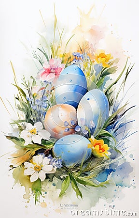 Watercolor painted Easter eggs in grass with flowers. Happy Easter concept illustration Cartoon Illustration