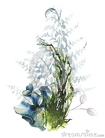 Watercolor painted floral bouquet on white background. Airy blue flowers of hydrangea, leaves of fern and forest moss. Stock Photo