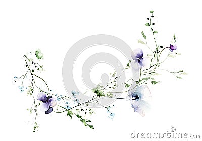 Watercolor painted floral frame bouquet on white background. Violet, blue wild poppy, pansy flowers, green branches. Stock Photo