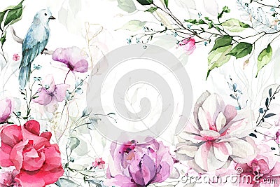 Watercolor painted floral frame. Green, blue, pink background with bird, branches, leaves, flowers, golden textures. Stock Photo