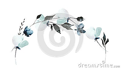 Watercolor floral semicircular frame of blue, turquoise, gray poppy, black buds, spikelets, leaves, branches, herbs. Cartoon Illustration