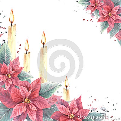 Watercolor painted frame Illustration with Poinsettia flowers and flaming candles For Xmas, New Year Stock Photo