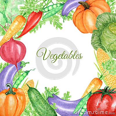 Watercolor painted frame of vegetables tomato, pepper, eggplant, beat, carrot, cabbage. Hand drawn fresh healty vegan Stock Photo