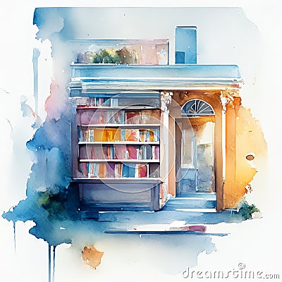 Watercolor painted illustration of bookstore with books on the bookshelf. Cartoon Illustration