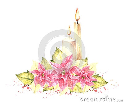 Watercolor painted illustration with Poinsettia flowers and flaming candles. For Xmas, New Year card Stock Photo